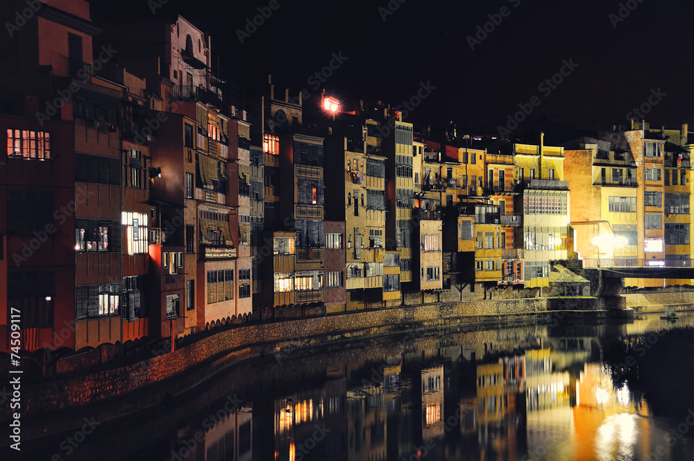 A View of the City of Gerona in Spain at Night