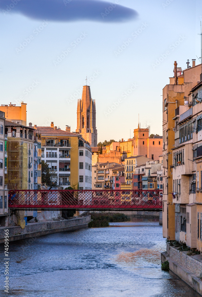 Girona Cathedral with Eiffel bridge over the Onyar river - Spain