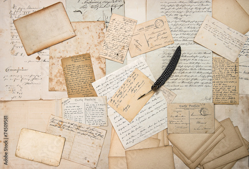 letters, handwritings, vintage postcards and feather pen