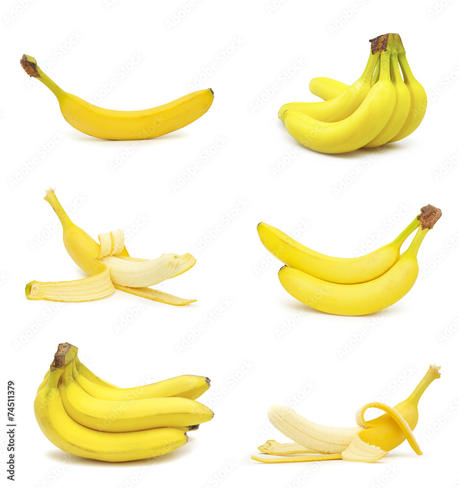 collection of fresh bananas isolated on white background