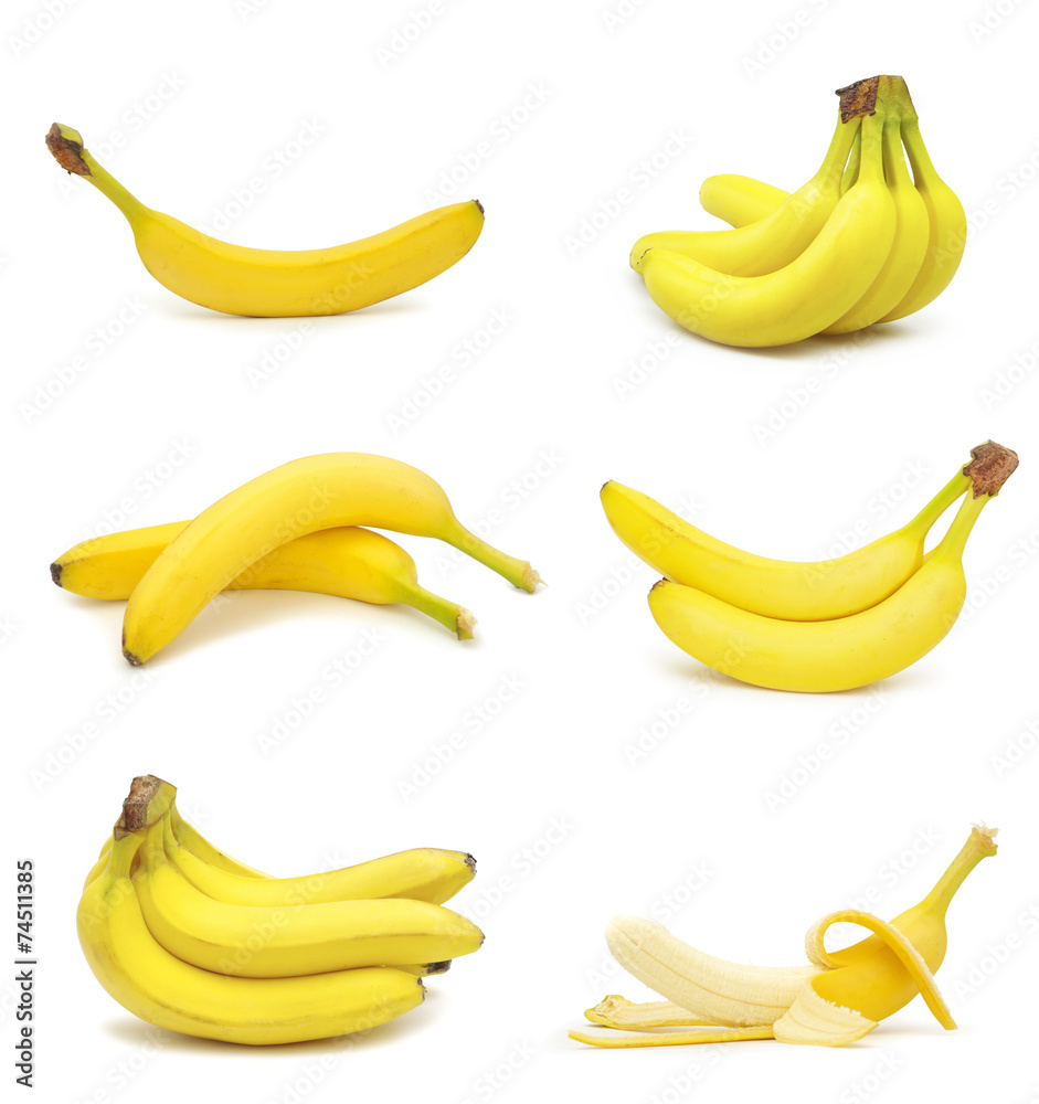 collection of fresh bananas isolated on white background