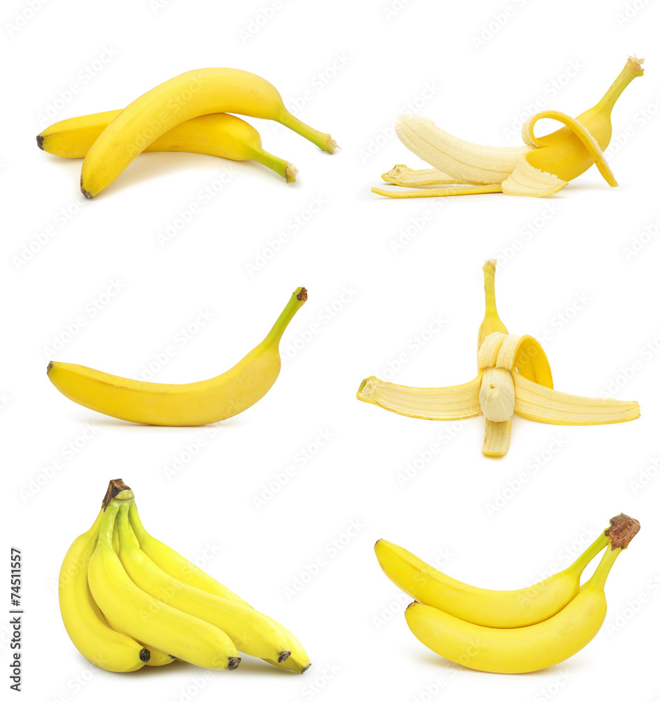 collection of fresh bananas isolated on white background