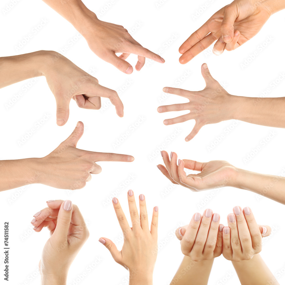 Hand collage, gestures set isolated on white Hand collage, gestures set isolated on white