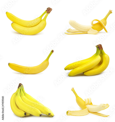 collection of fresh bananas isolated on white background