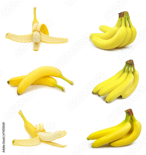 collection of fresh bananas isolated on white background