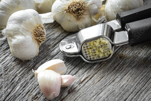 Garlic Press and Garlic Bulb Close Up on Rustic Wood Background photo