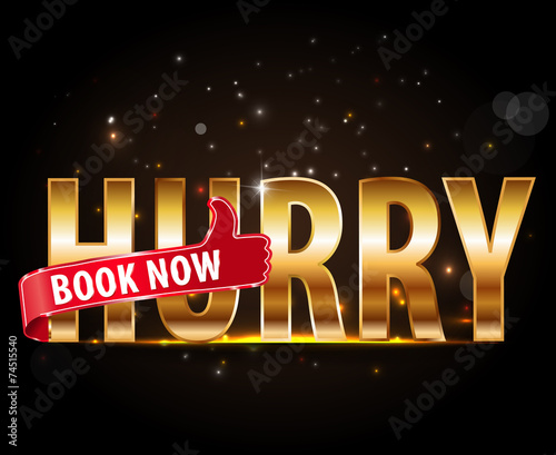 hurry up book now, golden text with red thumbs up