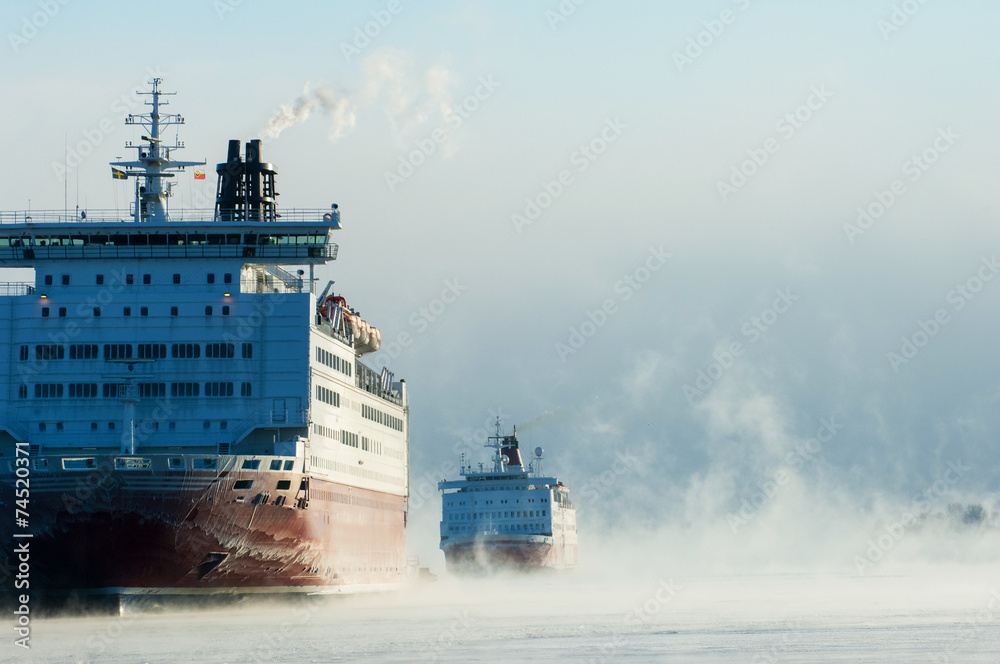Icebreaking ferries arriving at Helsinki port