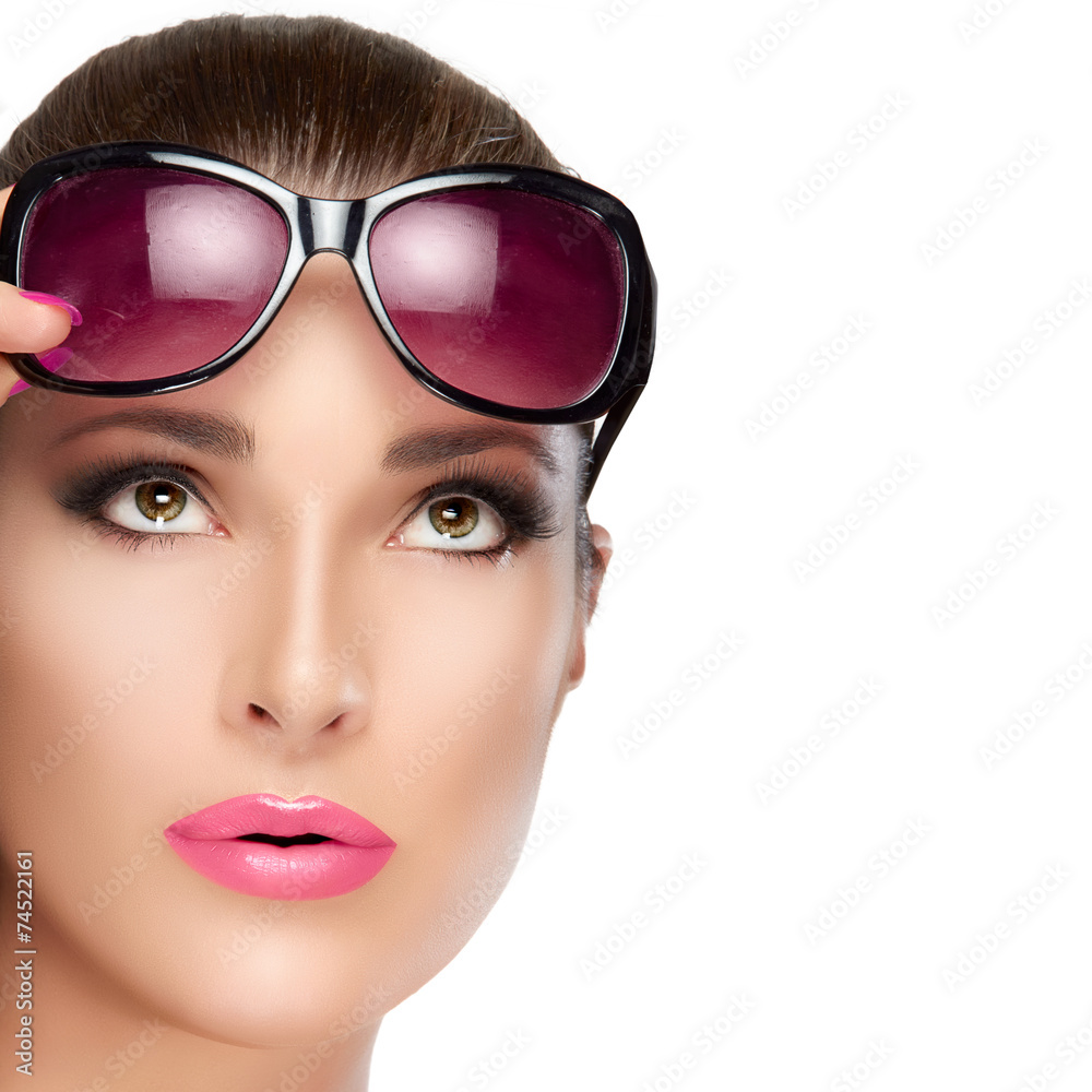 Beautiful Model in Red Violet Shades Looking up. Bright Makeup Beautiful Model in Red Violet Shades Looking up. Bright Makeup
