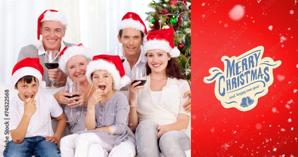 Family drinking wine and eating sweets in christmas Family drinking wine and eating sweets in christmas