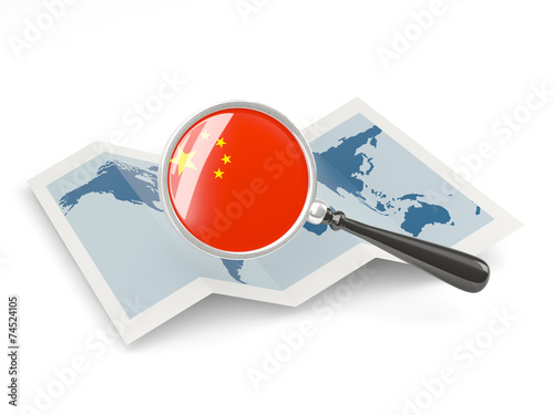 Canvas Print Magnified flag of china with map