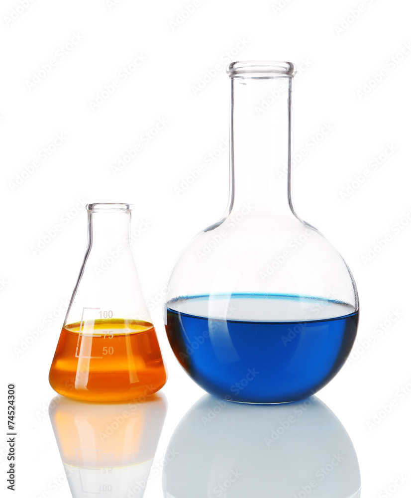 Two flasks with blue and orange fluid isolated on white Two flasks with blue and orange fluid isolated on white