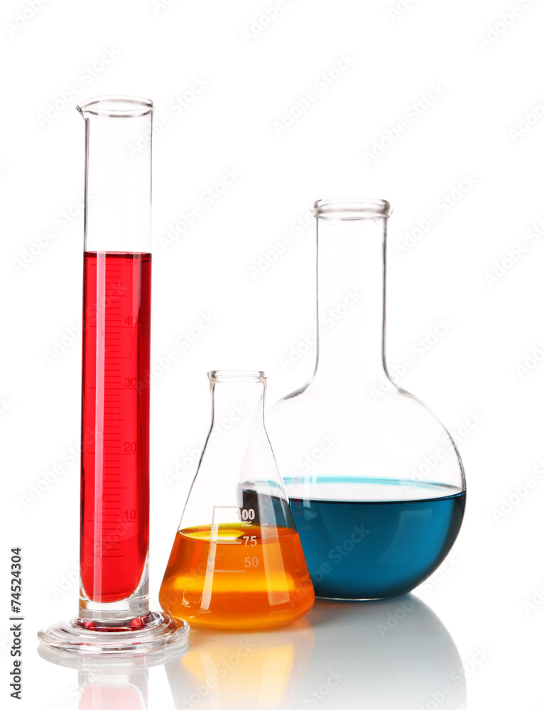 Test-tube and flasks with colorful fluid isolated on white Test-tube and flasks with colorful fluid isolated on white