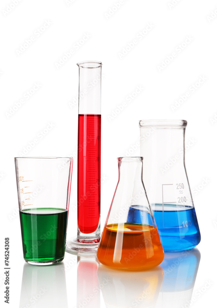 Test-tube and flasks with colorful fluid on light background Test-tube and flasks with colorful fluid on light background