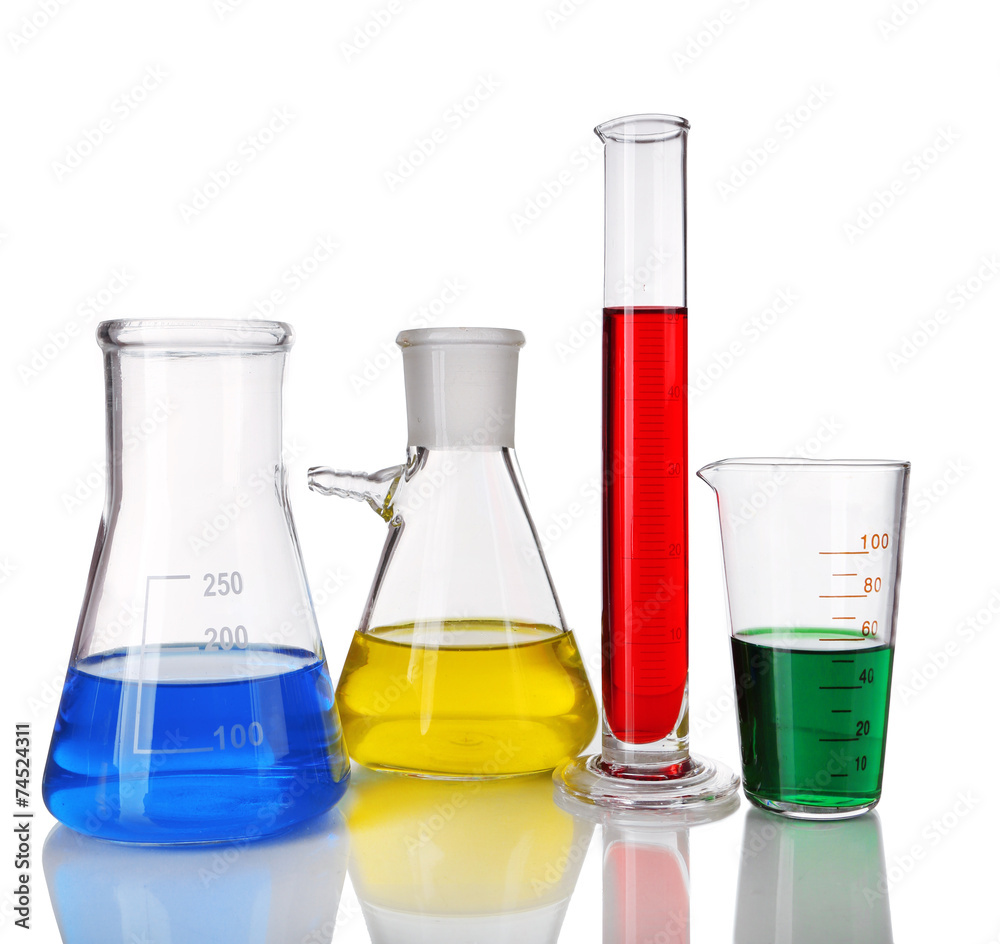 Test-tube and flasks with colorful fluid on light background Test-tube and flasks with colorful fluid on light background