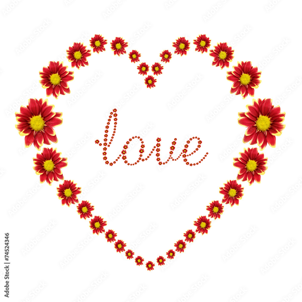 Beautiful heart of red flower and love text isolated on white ba Beautiful heart of red flower and love text isolated on white ba