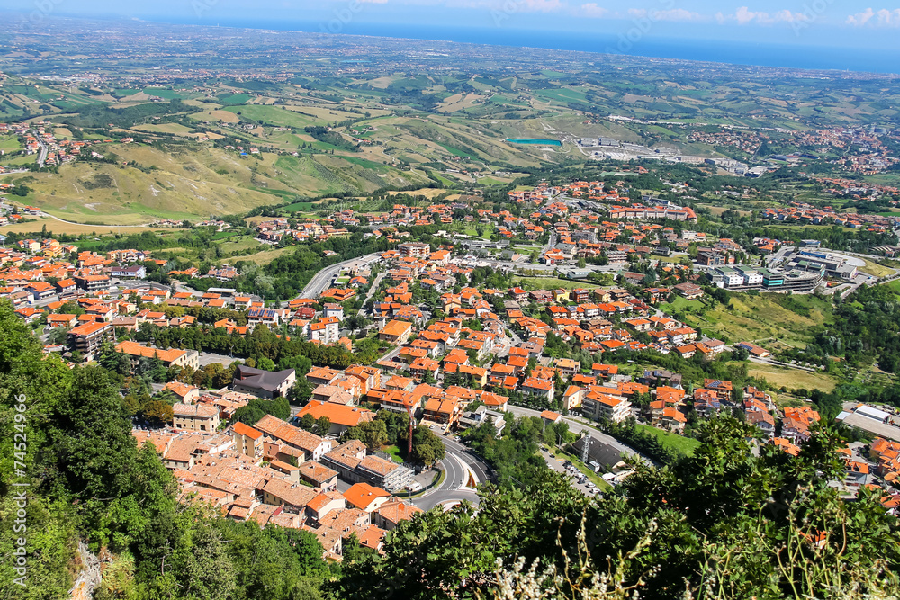 Fototapeta premium View of the village from the fortress of San Marino. The Republi