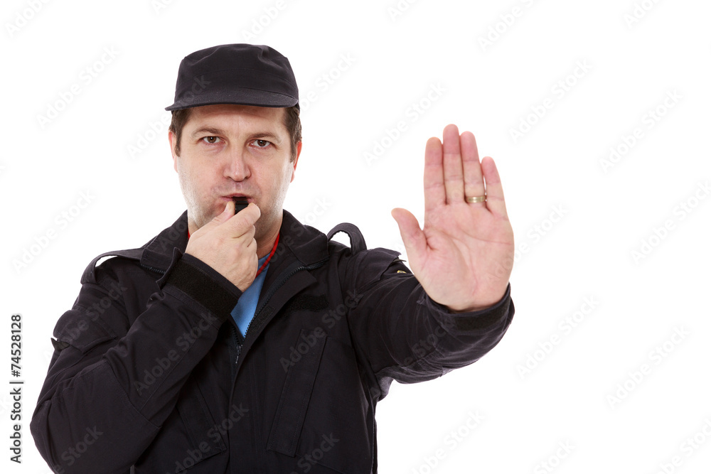 security officer making the stop sign. white background security officer making the stop sign. white background