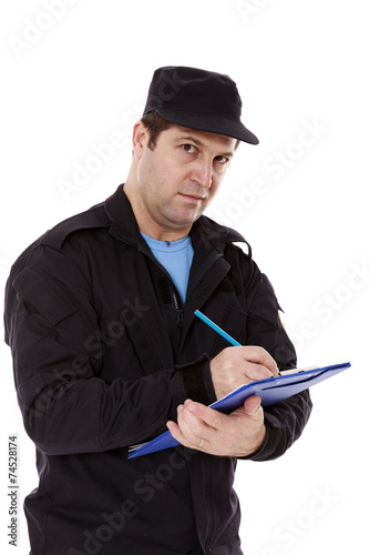 Police officer write a ticket isolated on white background