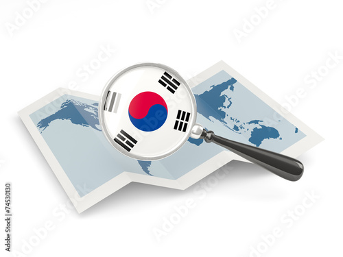 Magnified flag of south korea with map