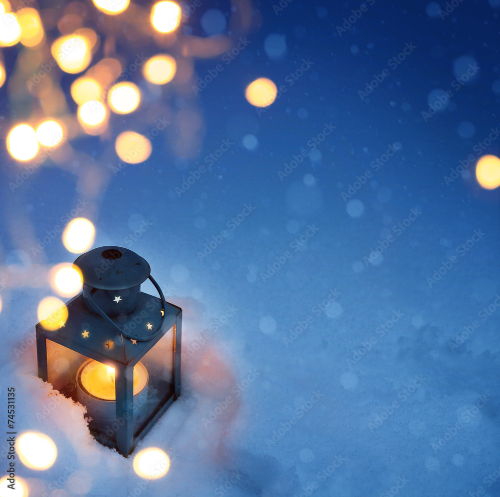 art Christmas lantern with snowfall - obrazy, fototapety, plakaty 