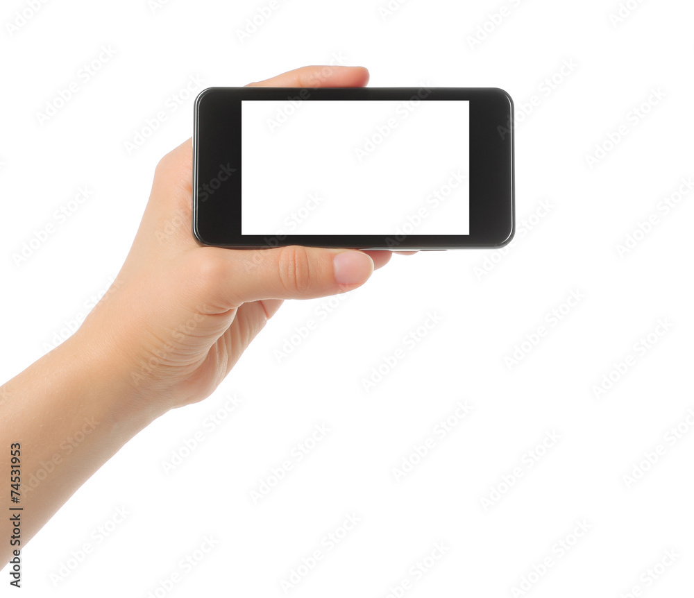 Hand holding smart phone isolated on white background Hand holding smart phone isolated on white background