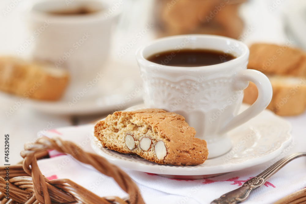 Good morning concept - Breakfast with cantuccini and coffee Good morning concept - Breakfast with cantuccini and coffee