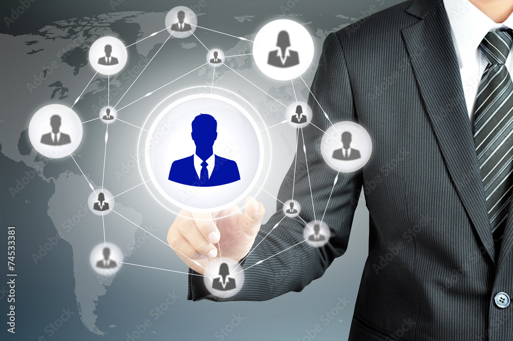 Hand pointing to businessman icon in the middle that linked with Hand pointing to businessman icon in the middle that linked with