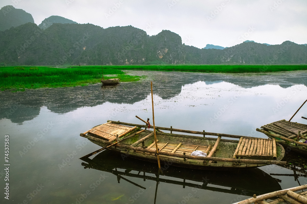 Tourist boats in Van Long. The famous eco tourism of  Vietnam.
