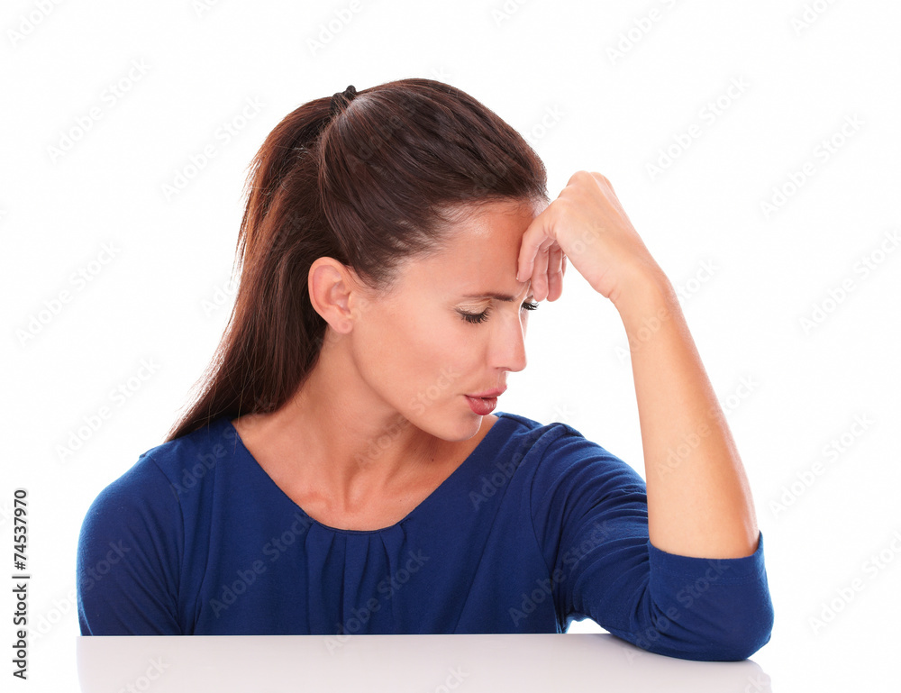 Pretty brunette with closed eyes feeling ill Pretty brunette with closed eyes feeling ill