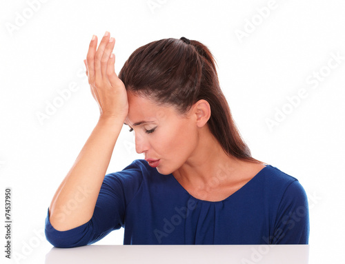 Attractive girl with closed eyes gesturing error