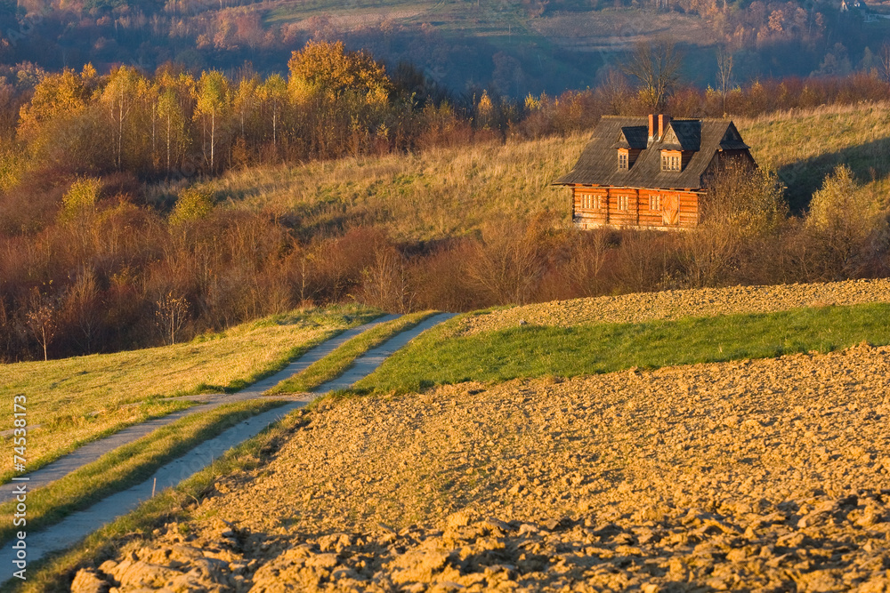 Cottage house in autumn fields