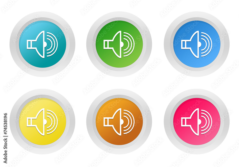 Set of rounded colorful buttons with speaker symbol Set of rounded colorful buttons with speaker symbol