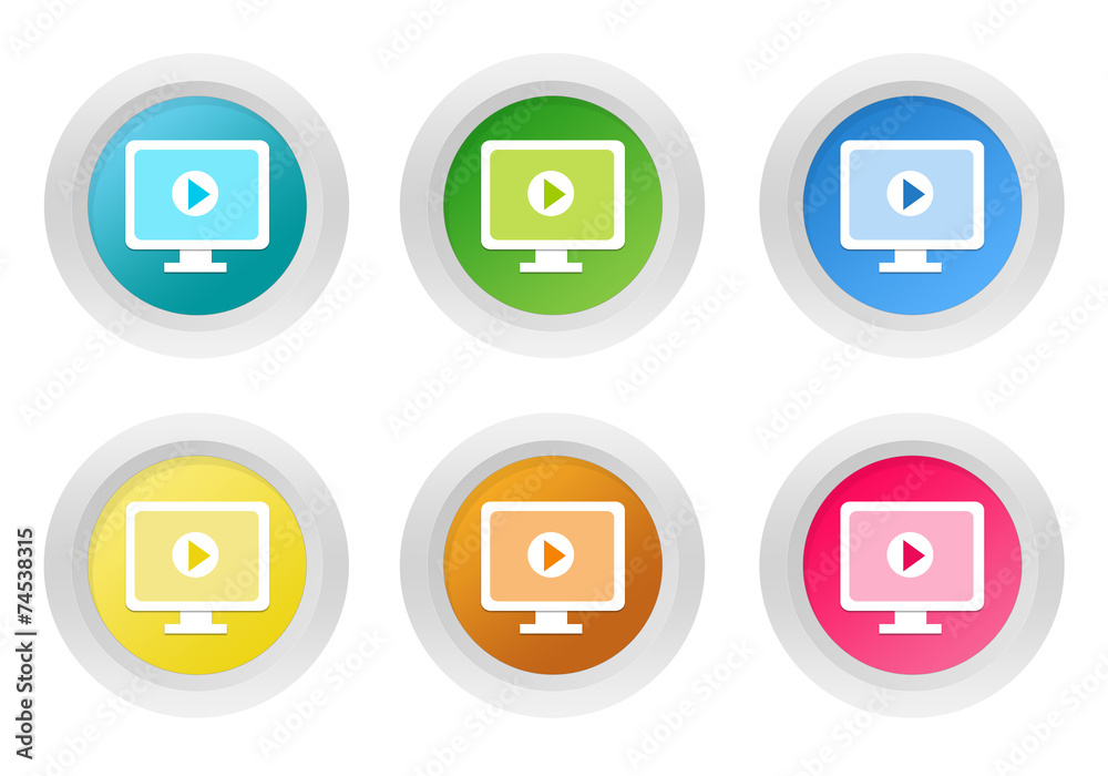 Set of rounded colorful buttons with screen symbol Set of rounded colorful buttons with screen symbol