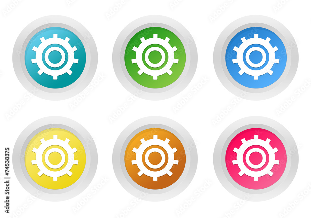 Set of rounded colorful buttons with gears symbol