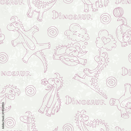 Vector pattern with cartoon and funny dinosaurs in gray