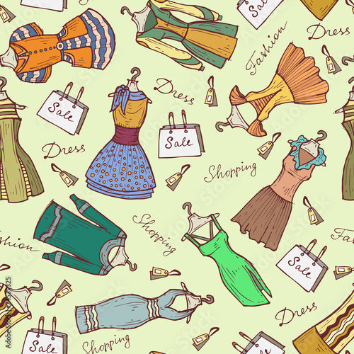 Vector pattern with hand drawn and beautiful women's dresses
