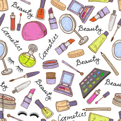 Vector pattern with hand drawn attributes of cosmetics