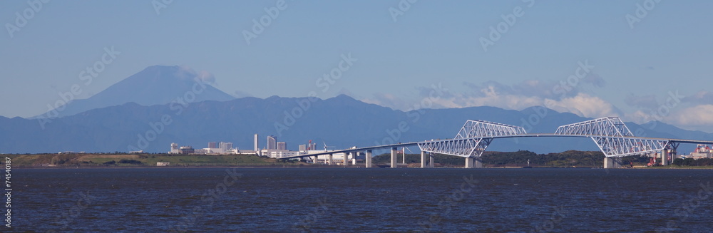 Mountain fuji and Tokyo gate bridge at Tokyo bay