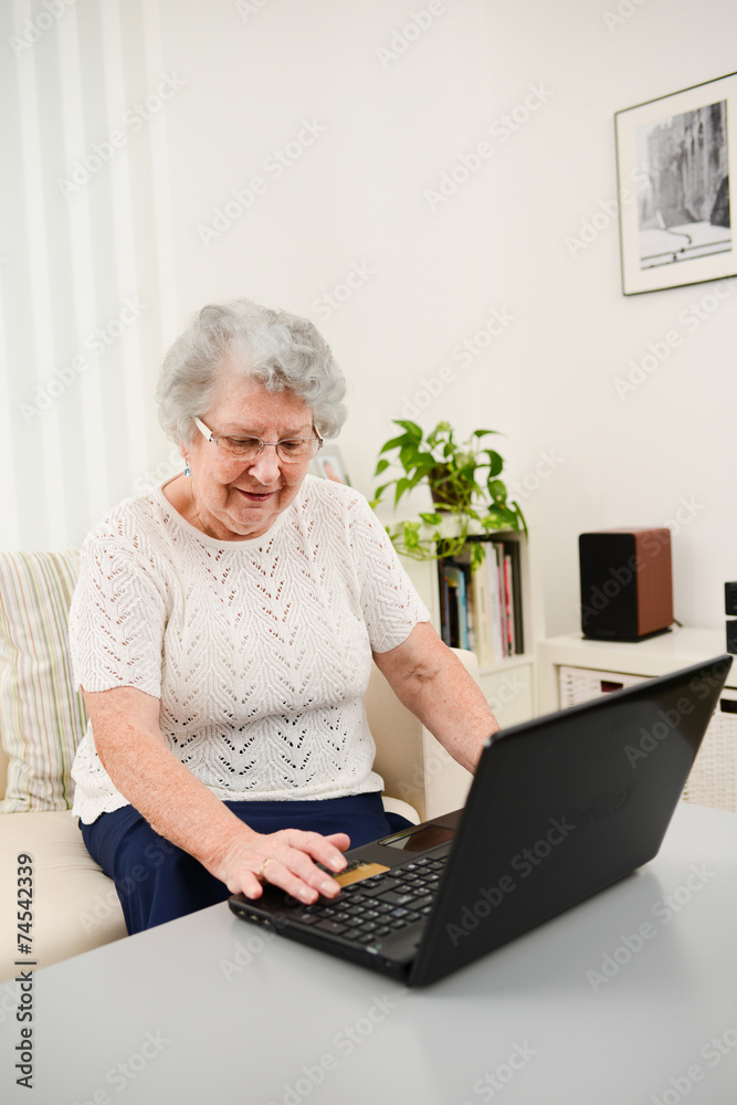 cheerful elderly woman websurfing and shopping internet laptop cheerful elderly woman websurfing and shopping internet laptop