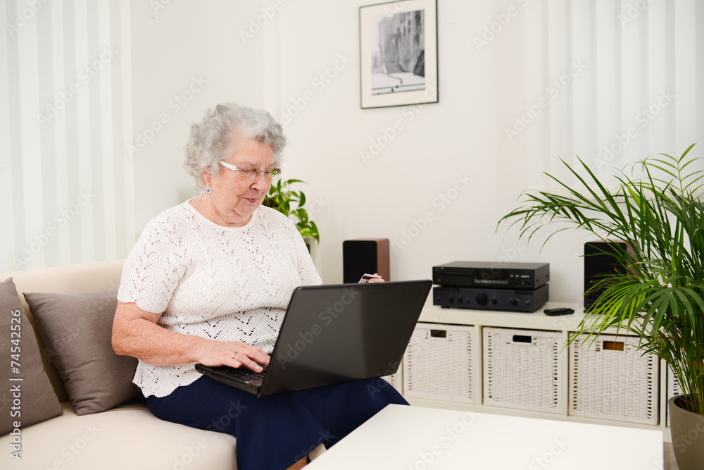 cheerful elderly woman websurfing and shopping internet laptop cheerful elderly woman websurfing and shopping internet laptop