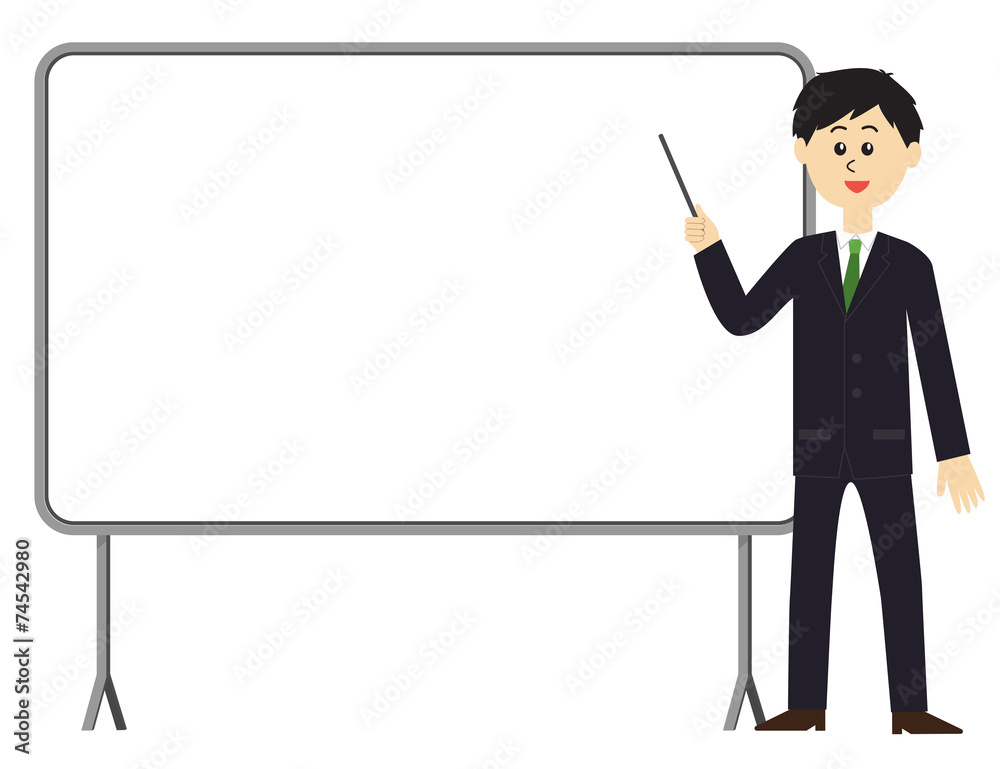 A young male employee with a pointing stick and a whiteboard A young male employee with a pointing stick and a whiteboard