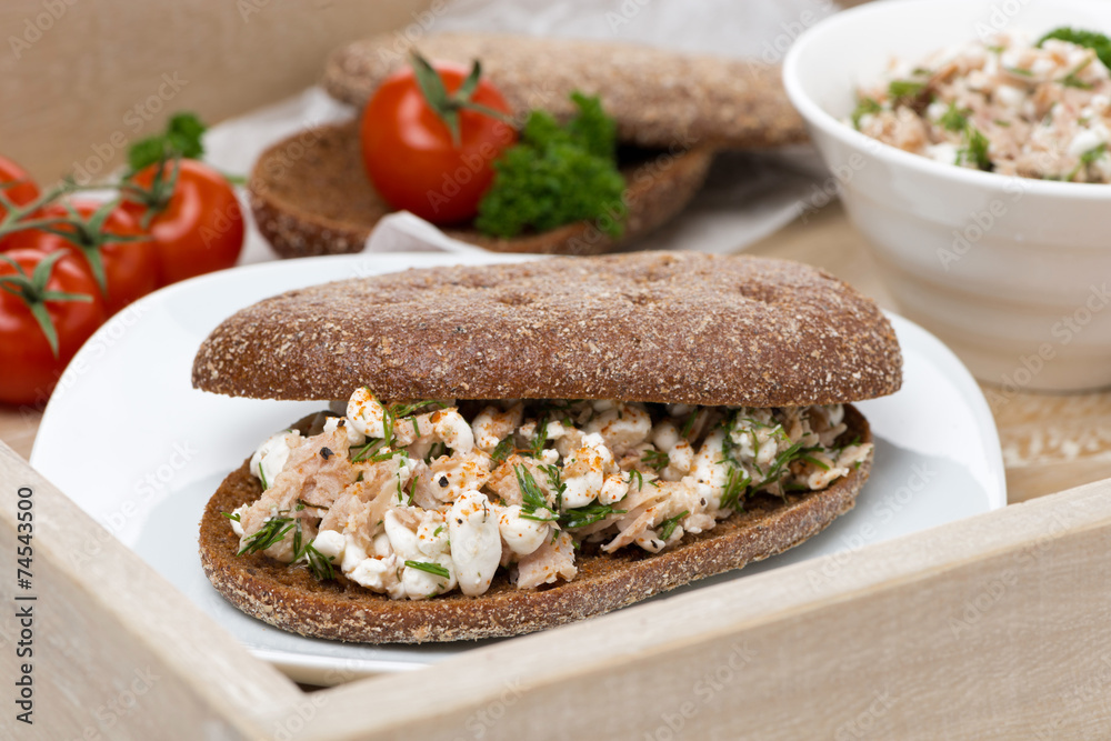 sandwich of rye bread with tuna and homemade cheese, close-up sandwich of rye bread with tuna and homemade cheese, close-up
