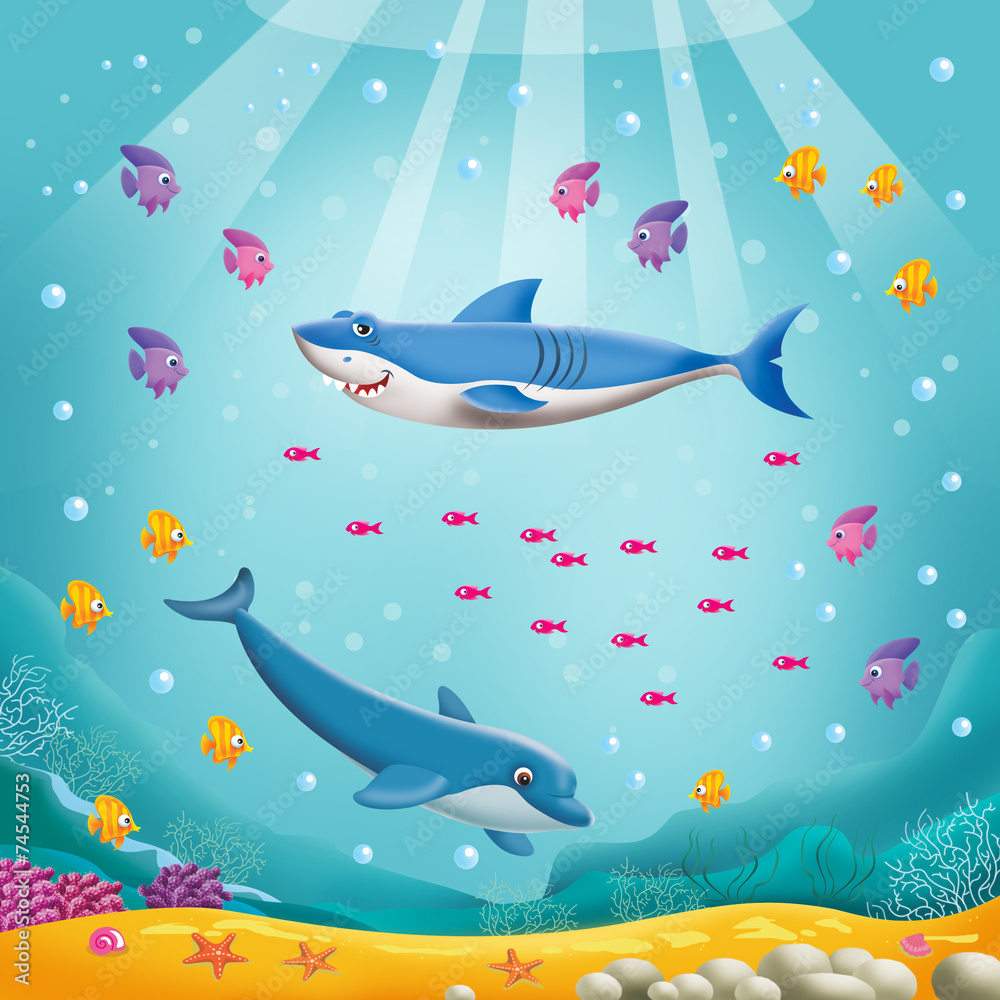 underwater world with shark and dolphin - obrazy, fototapety, plakaty 