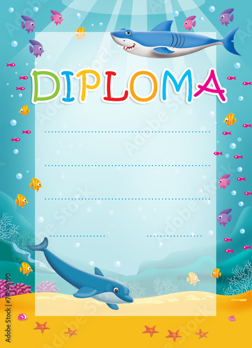 Diploma for children with dolphin and shark