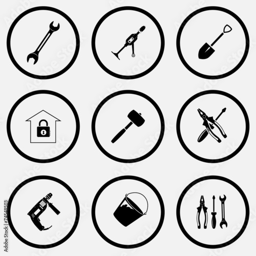 spanner, hand drill, spade, bank, mallet, screwdriver and combin