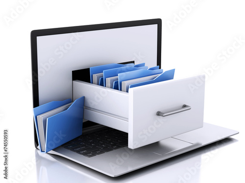 Data storage. Laptop and files 3d