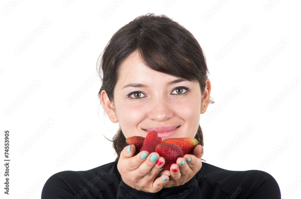 closeup portrait young girl holding red strawberries closeup portrait young girl holding red strawberries