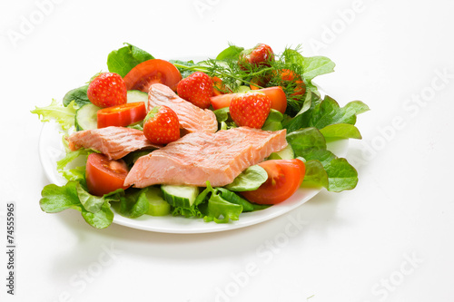 salad with smoked salmon on white background