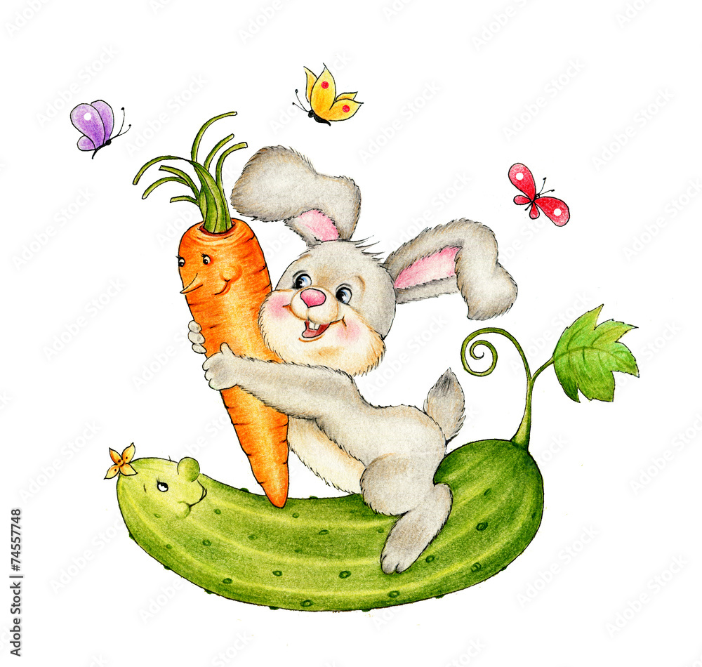 Cute rabbit with carrot and cucumber StockIllustration Adobe Stock